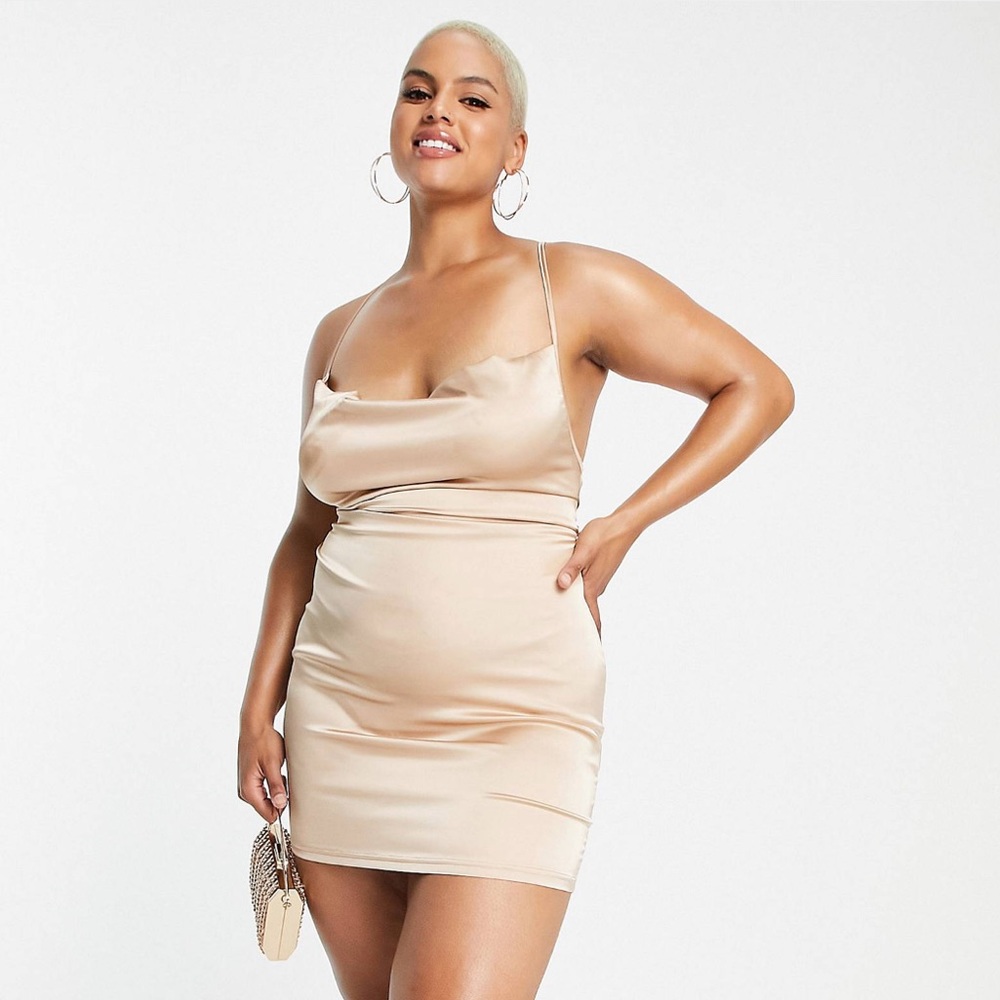 NaaNaa Plus satin cowl neck slip dress in champagne